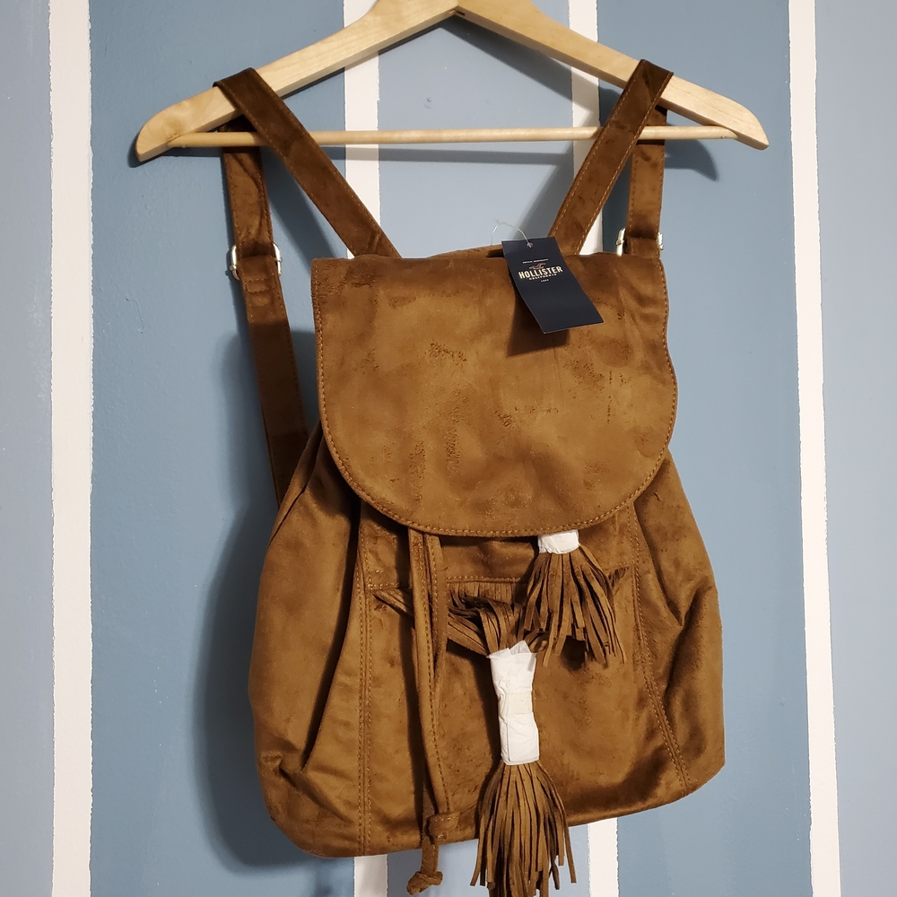 NWT Vintage Retired Design Hollister Brown Faux Suede Backpack with Tassels,